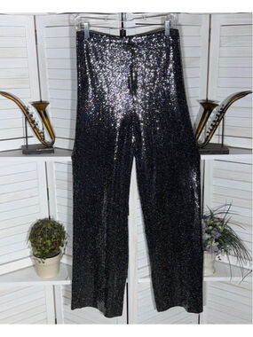 Forever 21 black silver pants shiny disco cocktail wide legs elastic waist sz M